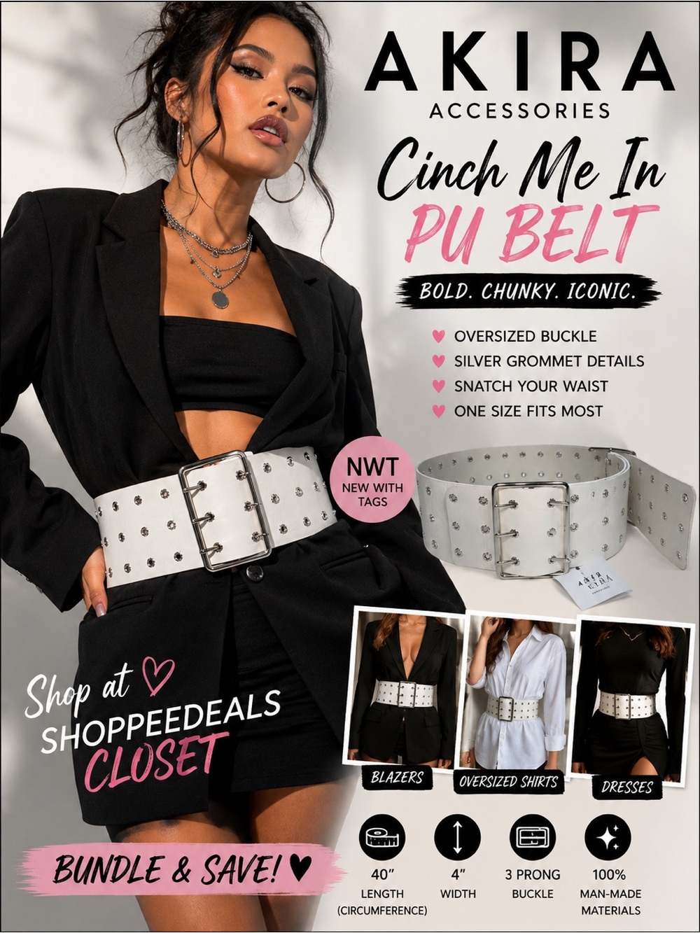 AKIRA Cinch Me In PU Belt White Oversized Grommet Waist Belt NWT O/S